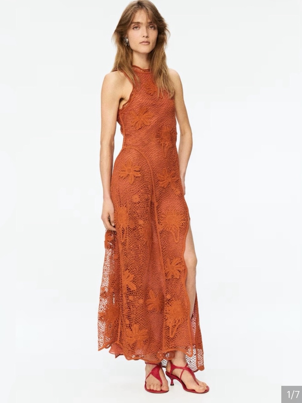 H&M STUDIO RUFFLED CROCHET-LOOK DRESS Orange/Sunflowers - Picture 6 of 16